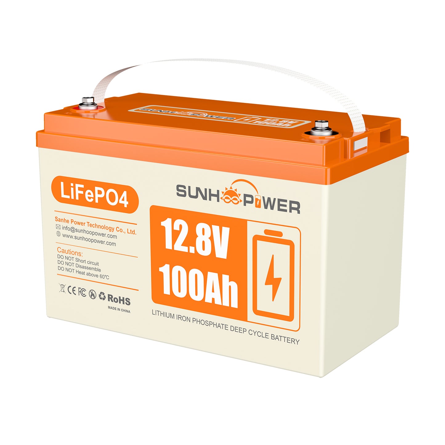 SUNHOOPOWER 12.8V 100Ah LiFePO4 Battery, Bulit-in 100A BMS, 1280WH Energy