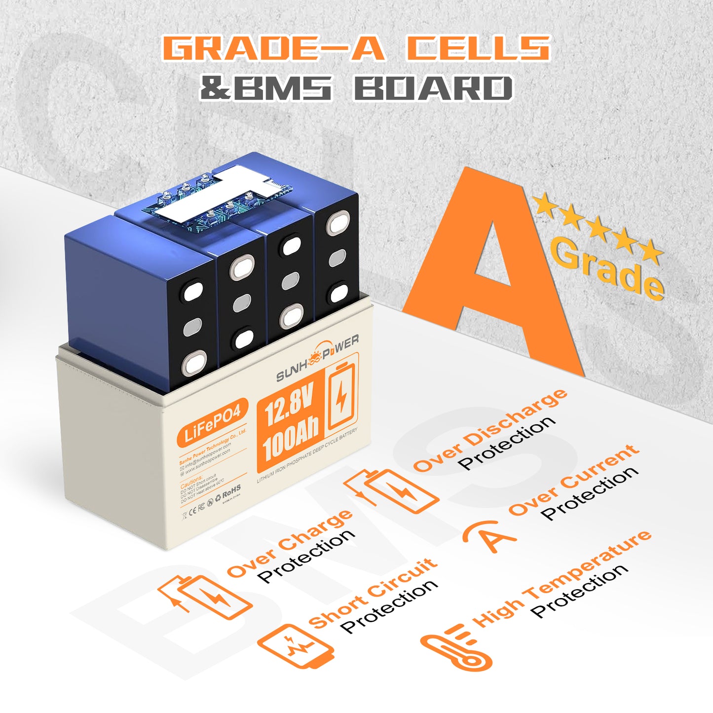 SUNHOOPOWER 12.8V 100Ah LiFePO4 Battery, Bulit-in 100A BMS, 1280WH Energy