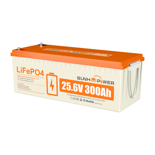 SUNHOOPOWER 24V 300Ah LiFePO4 Battery, Built-in 200A BMS, 7680Wh Energy