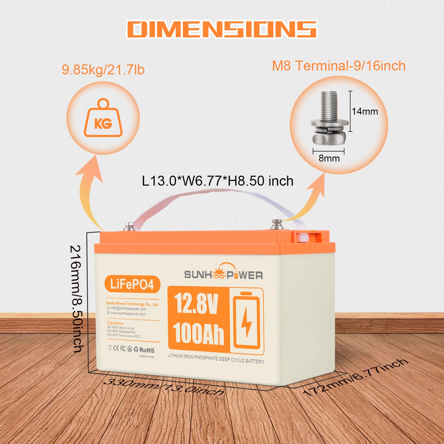 SUNHOOPOWER 12.8V 100Ah LiFePO4 Battery, Bulit-in 100A BMS, 1280WH Energy