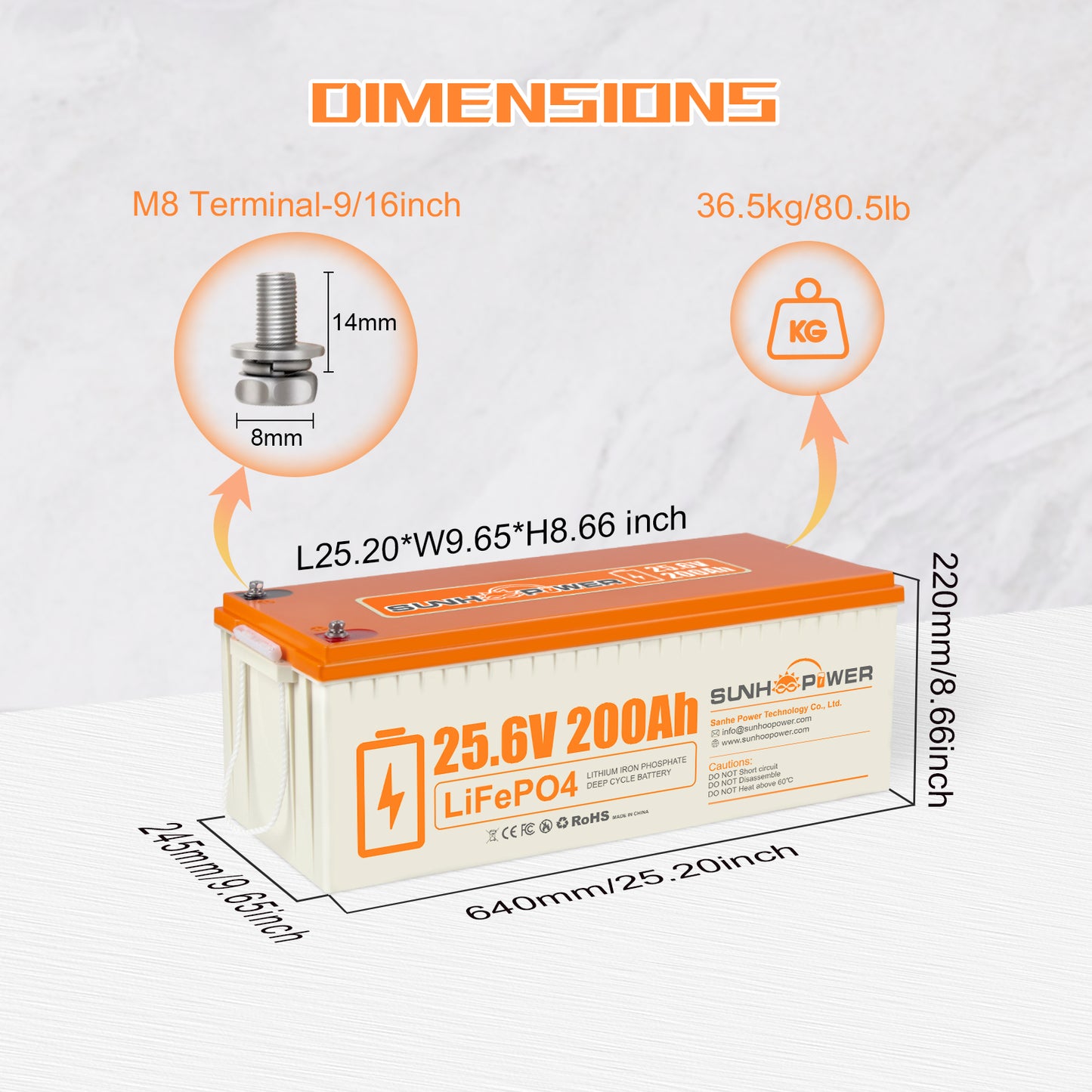 SUNHOOPOWER 24V 200Ah LiFePO4 Battery, Built-in 200A BMS, 5120Wh Energy