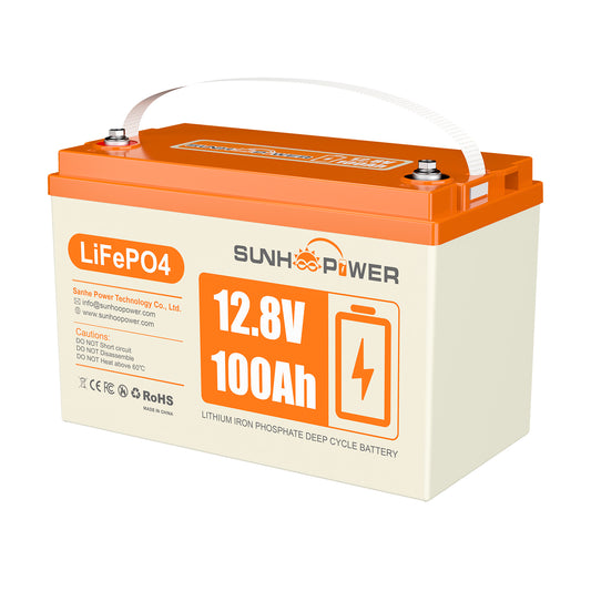 SUNHOOPOWER 12.8V 100Ah LiFePO4 Battery, Bulit-in 100A BMS, 1280WH Energy