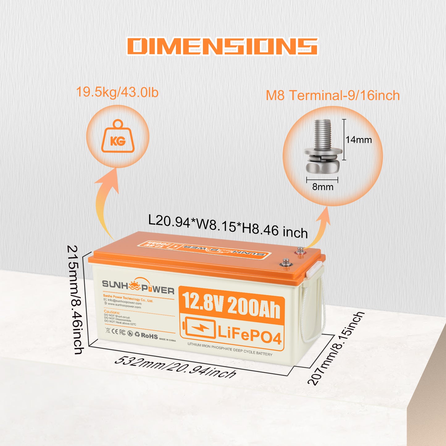 SUNHOOPOWER 12V 200Ah LiFePO4 Battery, Built-in 100A BMS, 2560Wh Energy