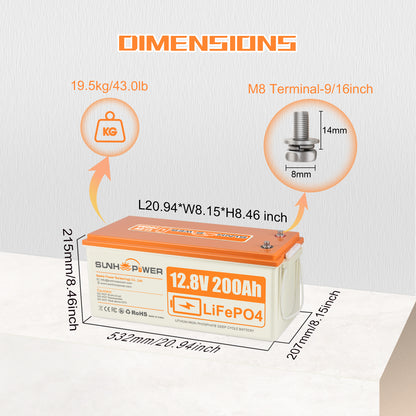 SUNHOOPOWER 12V 200Ah LiFePO4 Battery, Built-in 100A BMS, 2560Wh Energy