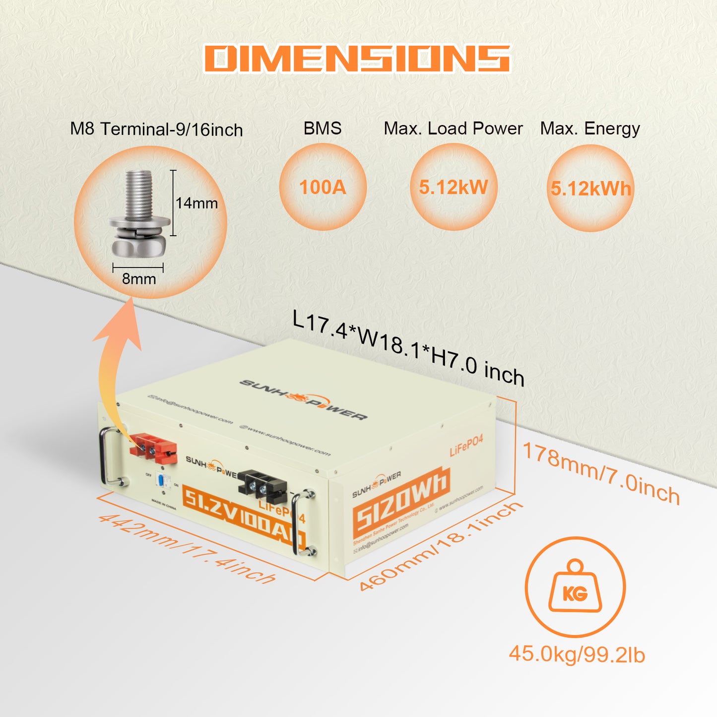 SUNHOOPOWER 51.2V 100Ah LiFePO4 Battery, Bulit-in 100A BMS, 5120WH Energy