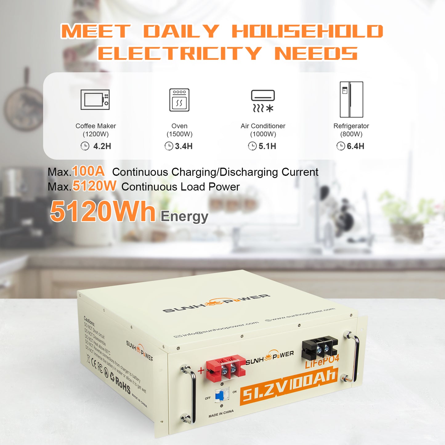 SUNHOOPOWER 51.2V 100Ah LiFePO4 Battery, Bulit-in 100A BMS, 5120WH Energy